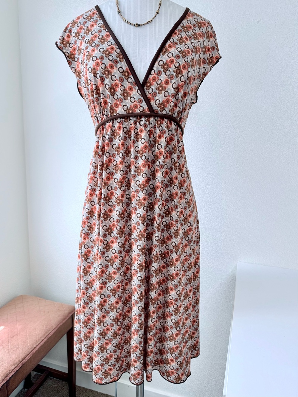GNW Geometric Floral Faux Wrap Midi Dress Sz 12 Brown Orange Retro Boho